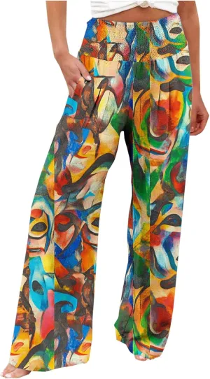 Womens Bohemian Wide Leg Pants Smocked High Waist Flowy Beach Trousers 2025 Summer Casual Boho Loose Palazzo Pants