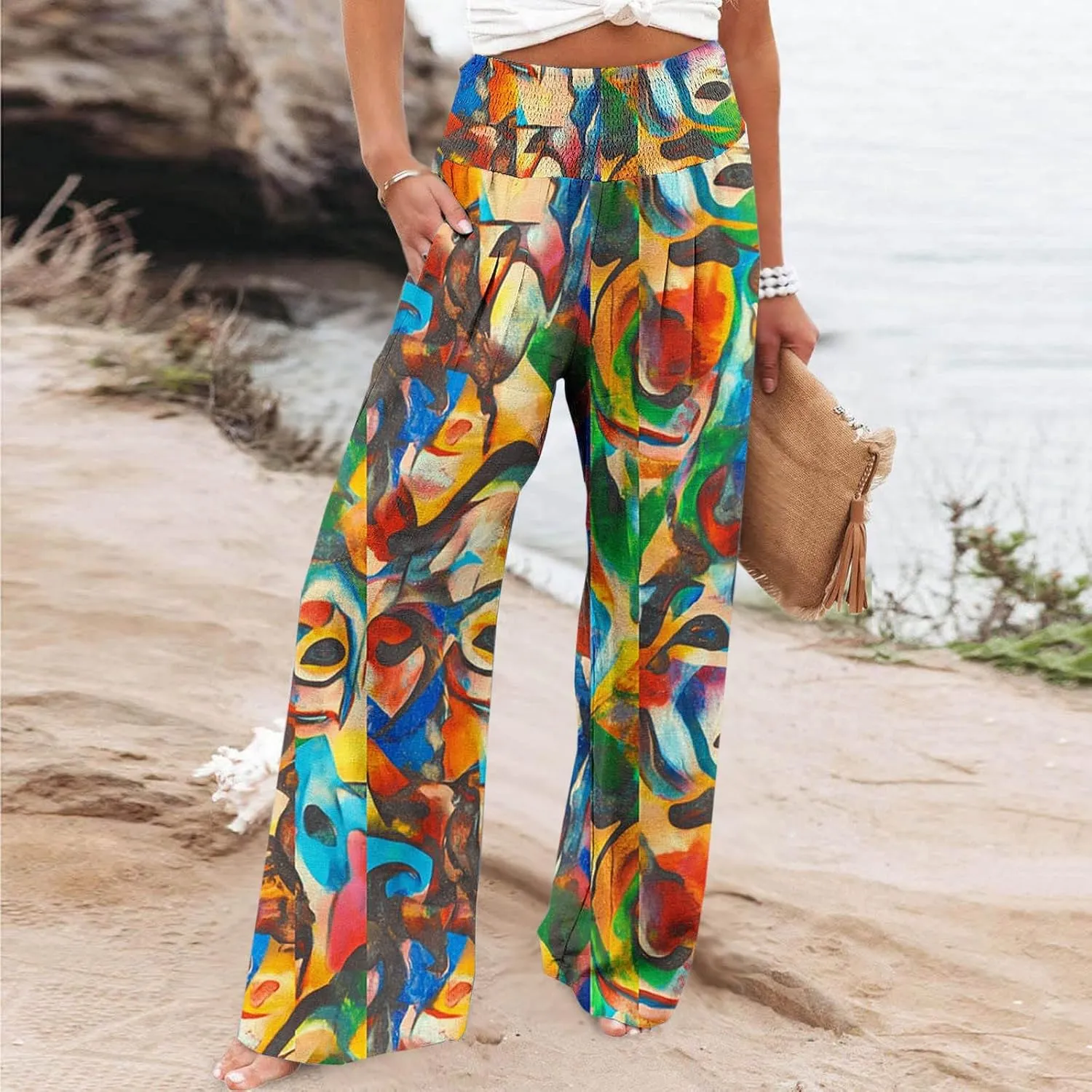 Womens Bohemian Wide Leg Pants Smocked High Waist Flowy Beach Trousers 2025 Summer Casual Boho Loose Palazzo Pants