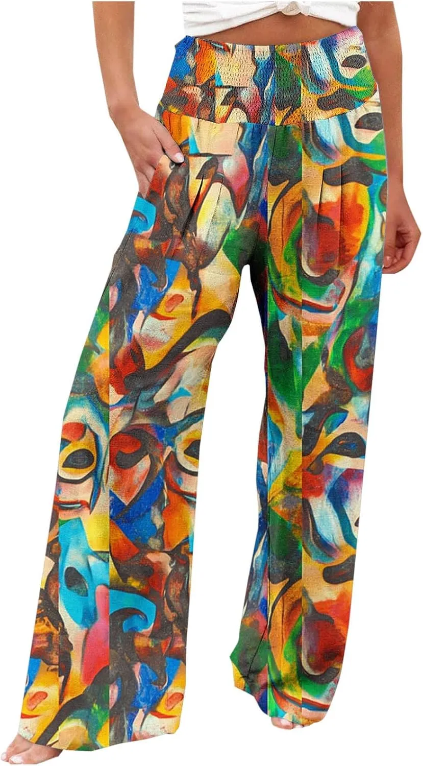 Womens Bohemian Wide Leg Pants Smocked High Waist Flowy Beach Trousers 2025 Summer Casual Boho Loose Palazzo Pants