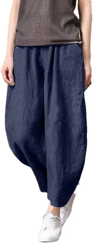 Women's Breathable Linen Pants Elastic Waist Casual All-Match Slim Fit Harem Pants