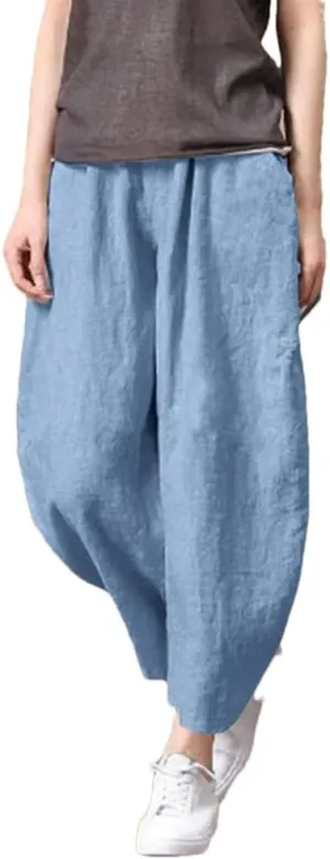 Women's Breathable Linen Pants Elastic Waist Casual All-Match Slim Fit Harem Pants
