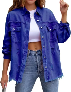 Women's Button Down Oversized Denim Jackets Ripped Frayed Shacket Jean Coat Distressed Shirts with Pockets