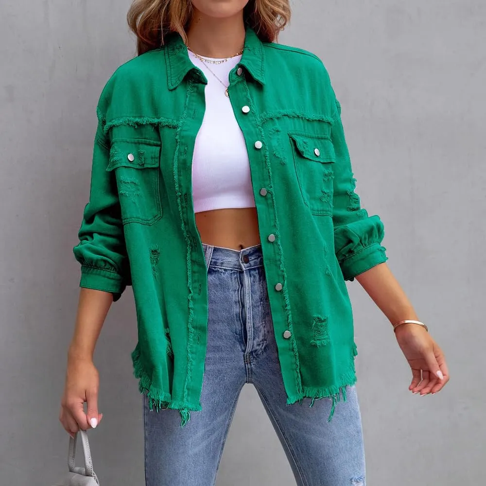 Women's Button Down Oversized Denim Jackets Ripped Frayed Shacket Jean Coat Distressed Shirts with Pockets