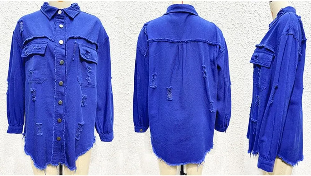 Women's Button Down Oversized Denim Jackets Ripped Frayed Shacket Jean Coat Distressed Shirts with Pockets