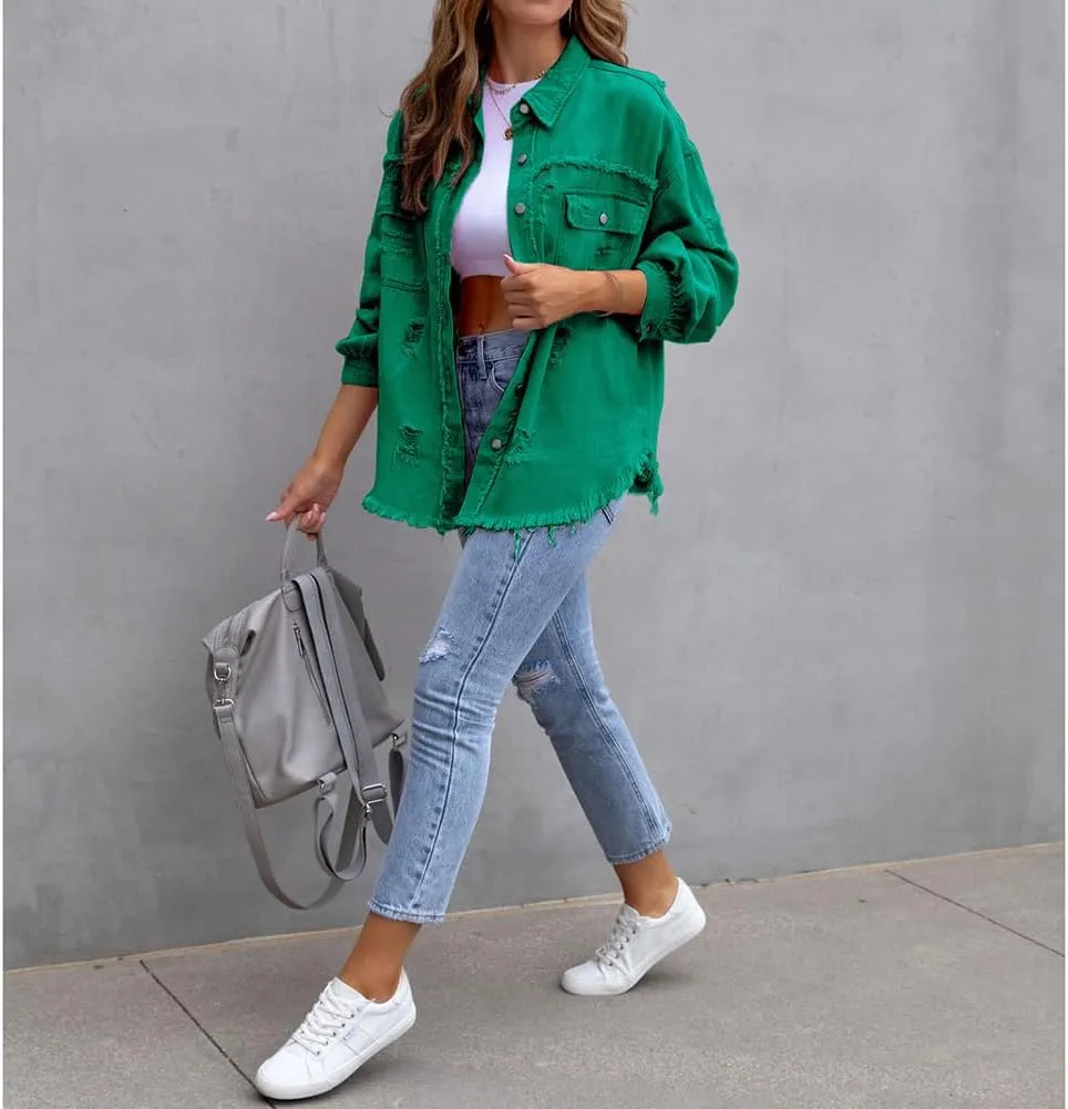 Women's Button Down Oversized Denim Jackets Ripped Frayed Shacket Jean Coat Distressed Shirts with Pockets