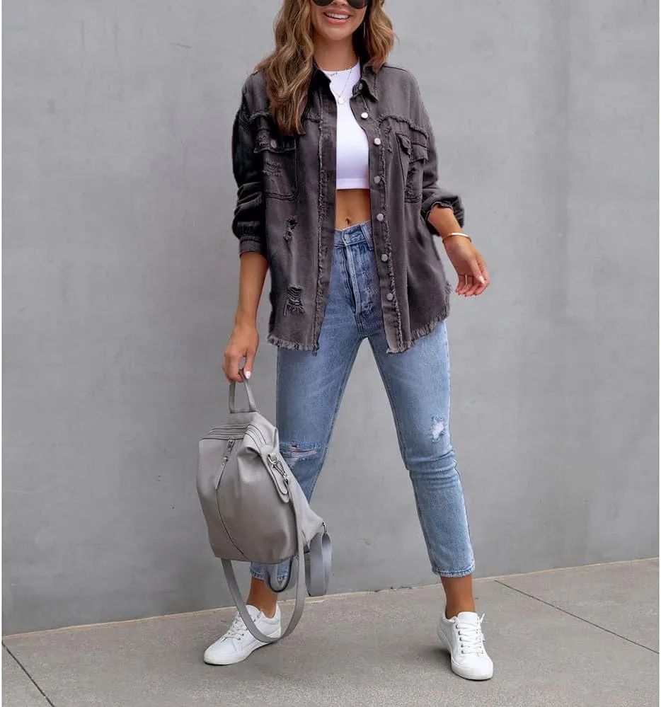 Women's Button Down Oversized Denim Jackets Ripped Frayed Shacket Jean Coat Distressed Shirts with Pockets