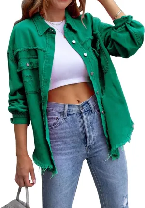 Women's Button Down Oversized Denim Jackets Ripped Frayed Shacket Jean Coat Distressed Shirts with Pockets