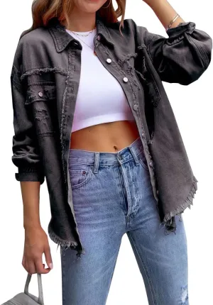Women's Button Down Oversized Denim Jackets Ripped Frayed Shacket Jean Coat Distressed Shirts with Pockets
