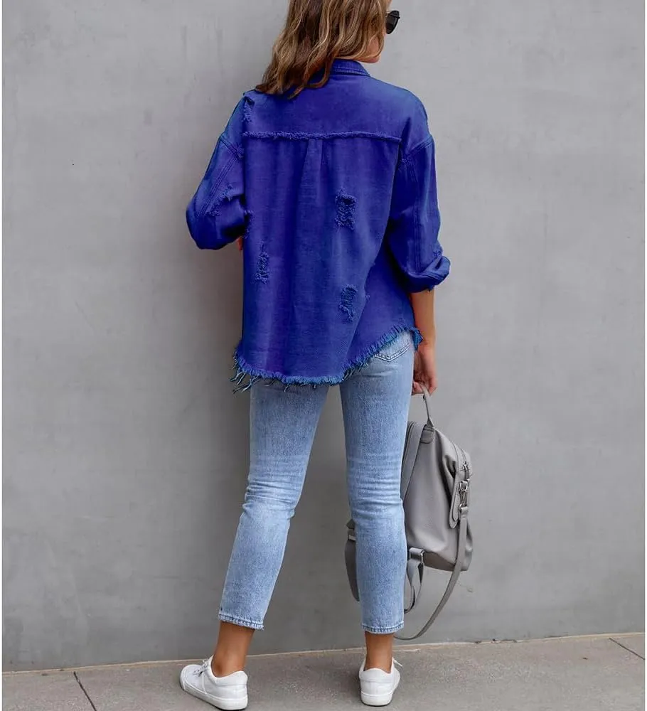 Women's Button Down Oversized Denim Jackets Ripped Frayed Shacket Jean Coat Distressed Shirts with Pockets
