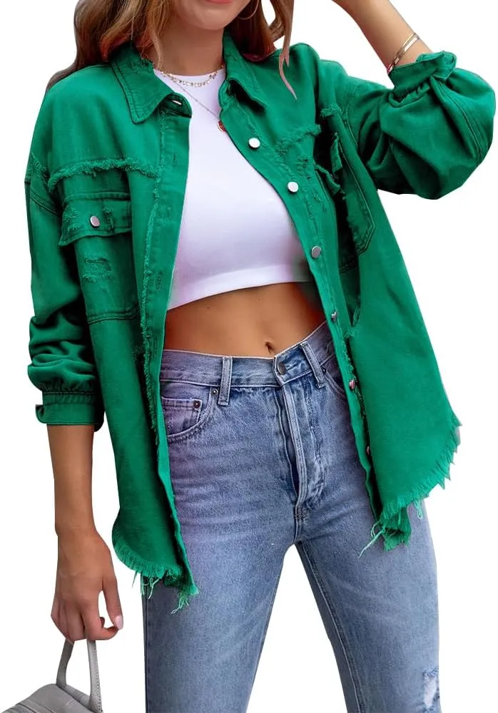 Women's Button Down Oversized Denim Jackets Ripped Frayed Shacket Jean Coat Distressed Shirts with Pockets