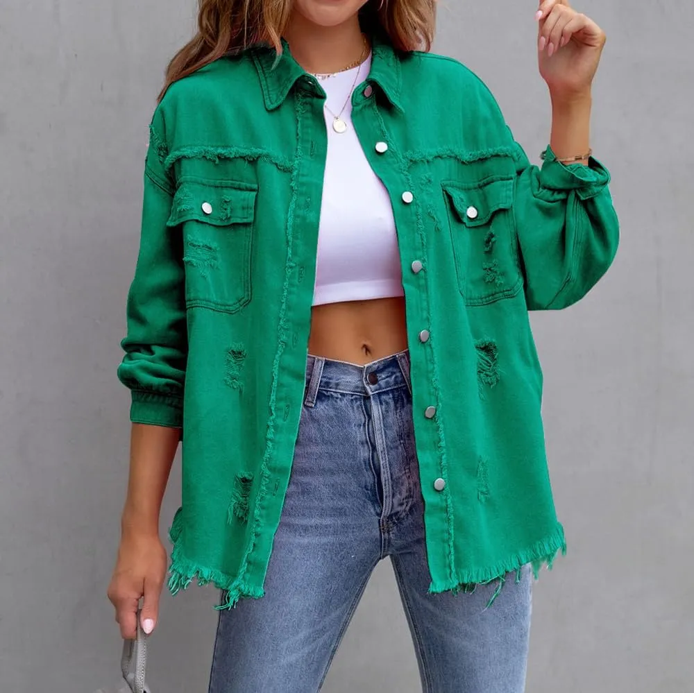 Women's Button Down Oversized Denim Jackets Ripped Frayed Shacket Jean Coat Distressed Shirts with Pockets