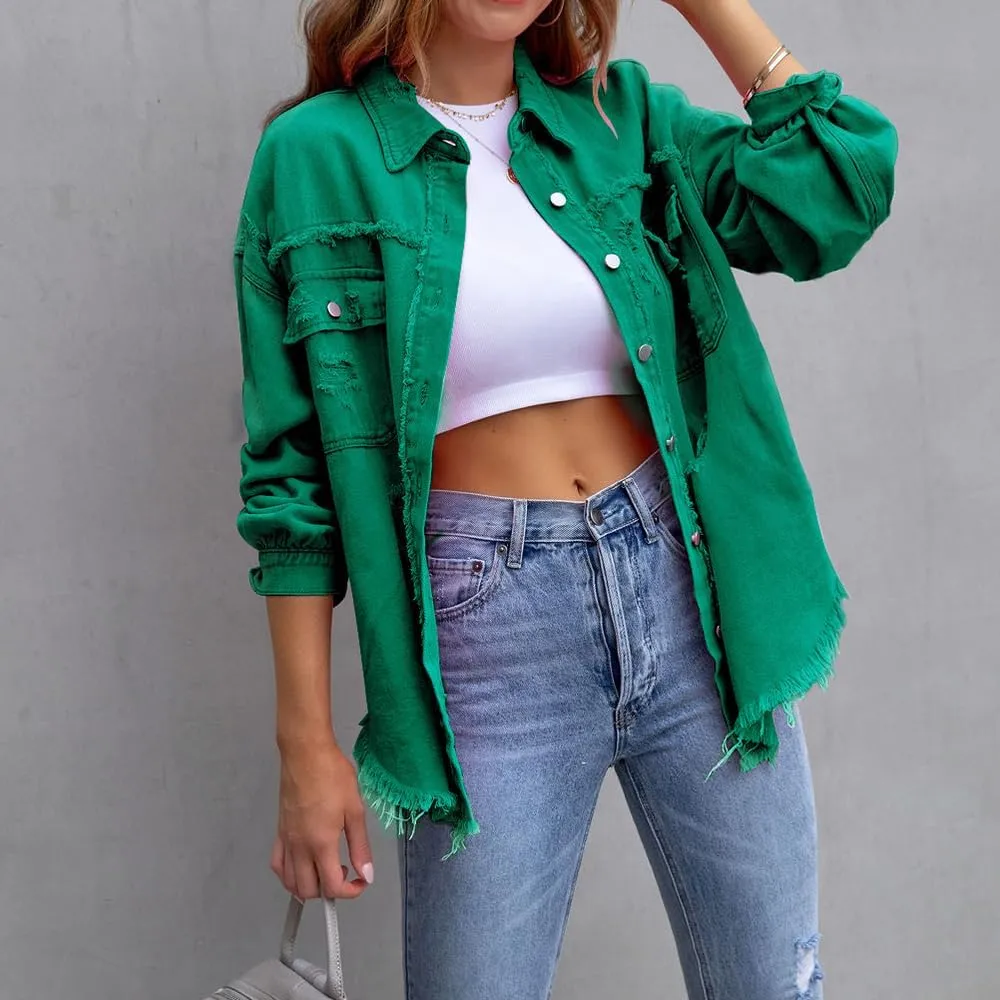 Women's Button Down Oversized Denim Jackets Ripped Frayed Shacket Jean Coat Distressed Shirts with Pockets