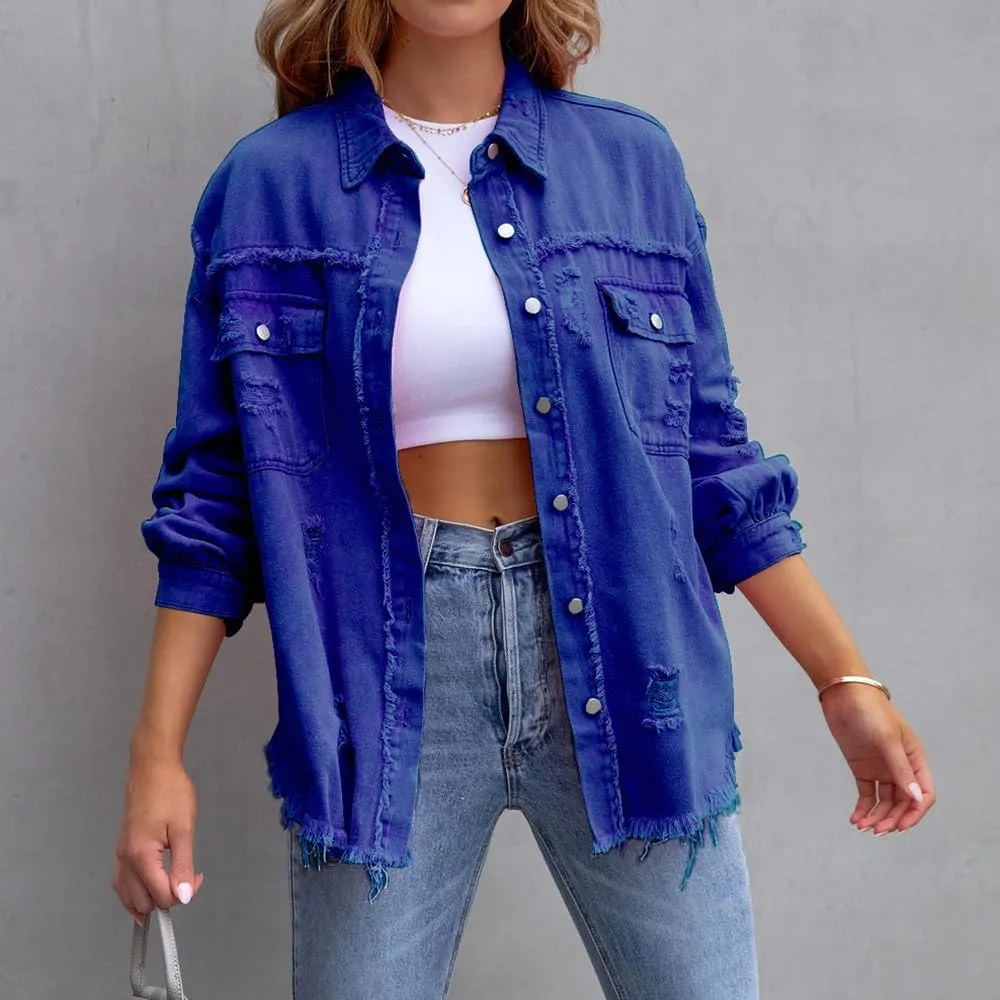 Women's Button Down Oversized Denim Jackets Ripped Frayed Shacket Jean Coat Distressed Shirts with Pockets