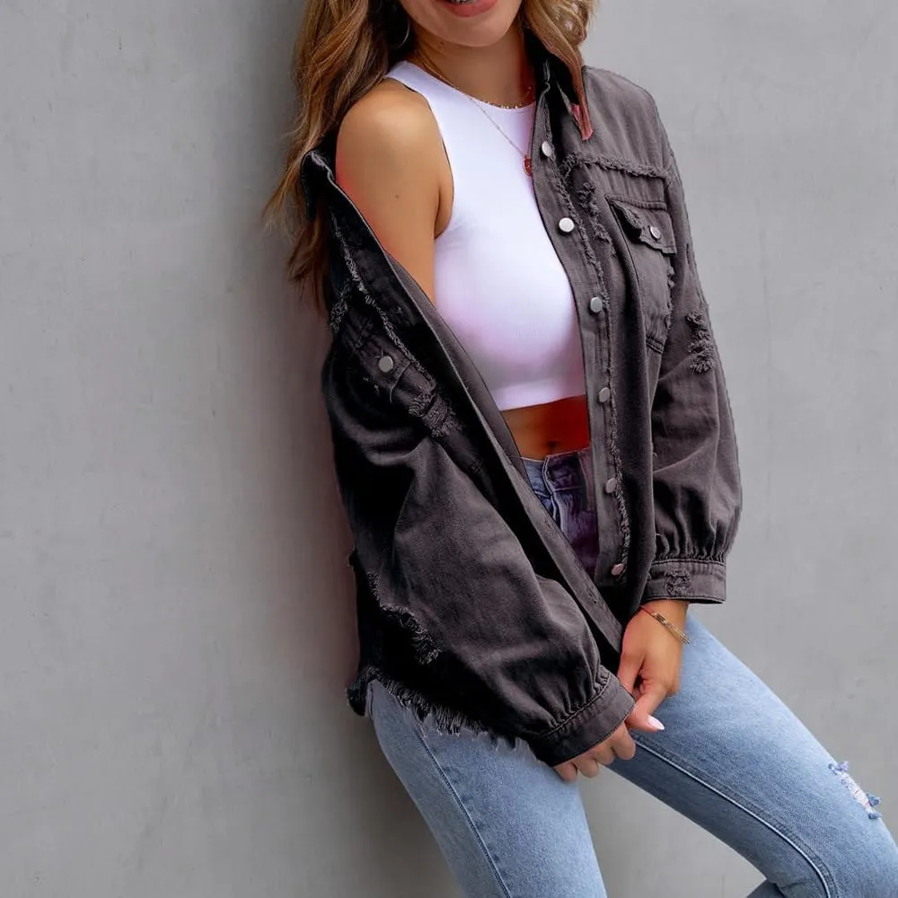 Women's Button Down Oversized Denim Jackets Ripped Frayed Shacket Jean Coat Distressed Shirts with Pockets