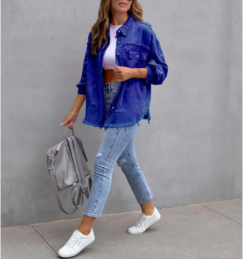Women's Button Down Oversized Denim Jackets Ripped Frayed Shacket Jean Coat Distressed Shirts with Pockets