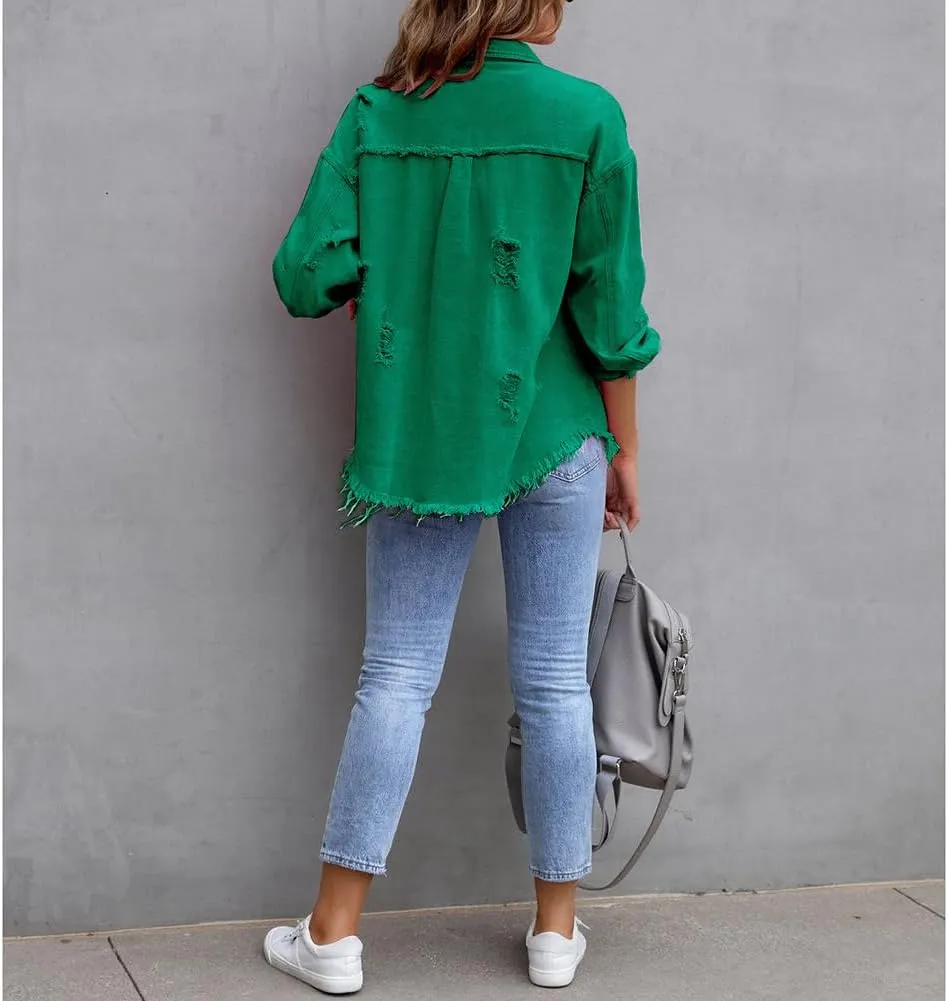 Women's Button Down Oversized Denim Jackets Ripped Frayed Shacket Jean Coat Distressed Shirts with Pockets