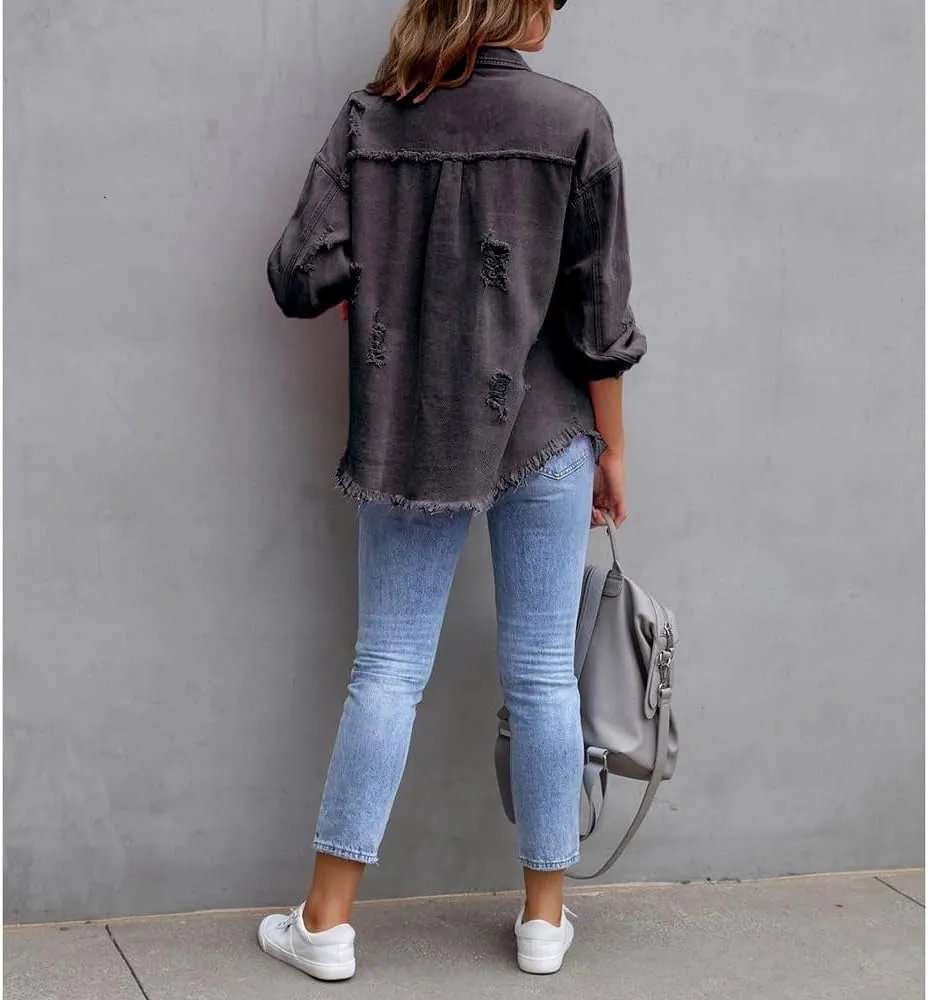 Women's Button Down Oversized Denim Jackets Ripped Frayed Shacket Jean Coat Distressed Shirts with Pockets