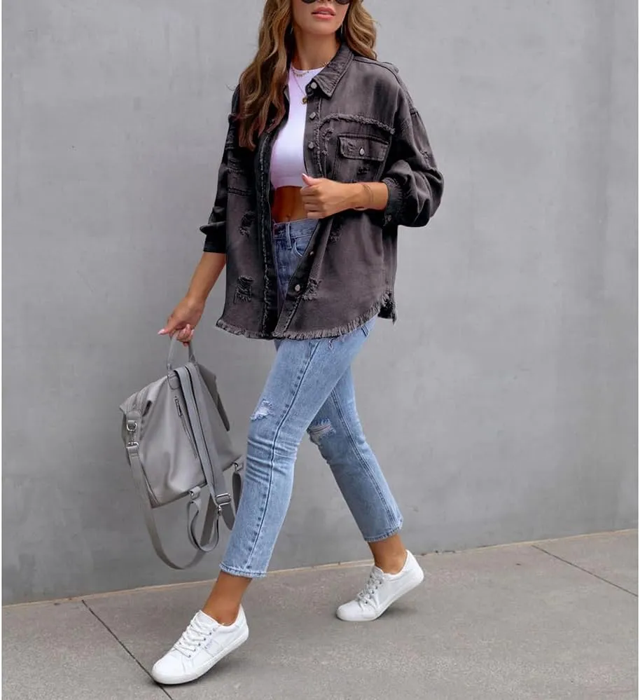 Women's Button Down Oversized Denim Jackets Ripped Frayed Shacket Jean Coat Distressed Shirts with Pockets