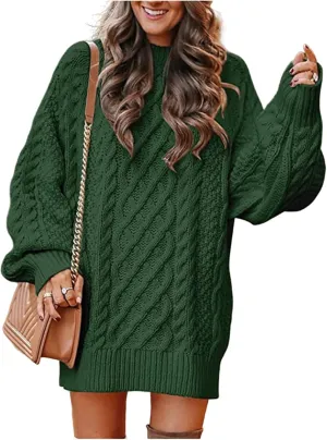 Womens Cable Knit Chunky Sweater Casual Long Sleeve Pullover Tunic Sweater Tops Oversized Trendy Mini Sweater Dress