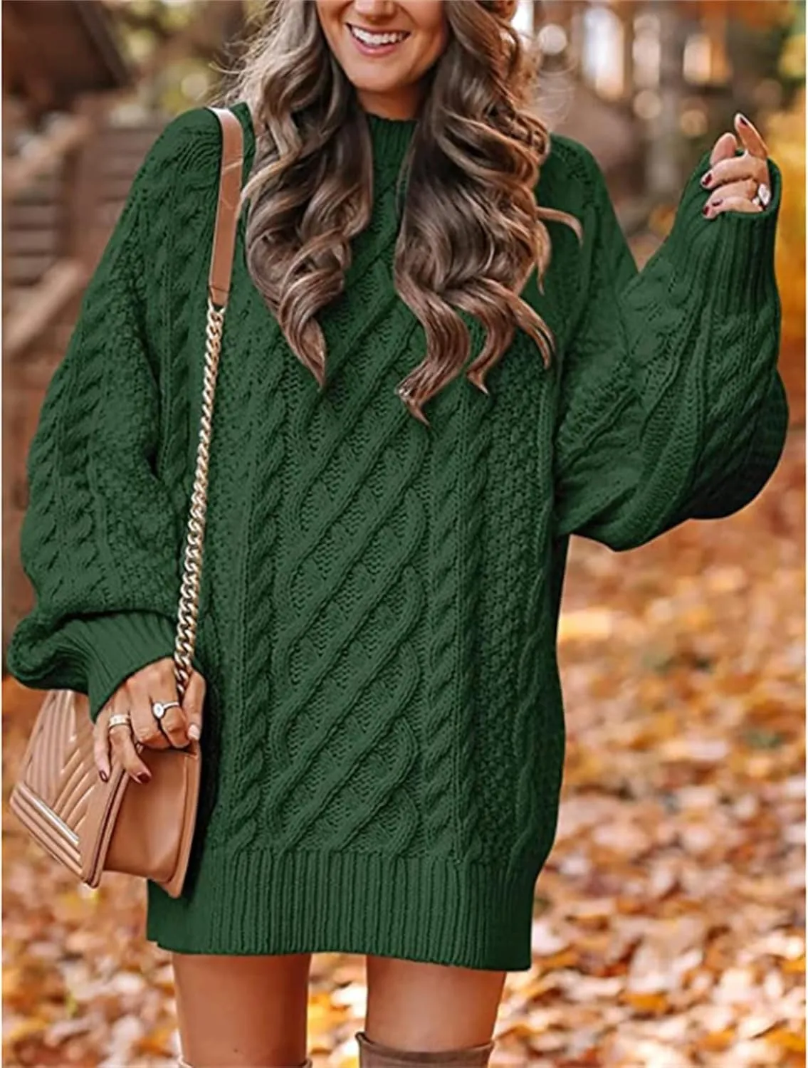 Womens Cable Knit Chunky Sweater Casual Long Sleeve Pullover Tunic Sweater Tops Oversized Trendy Mini Sweater Dress