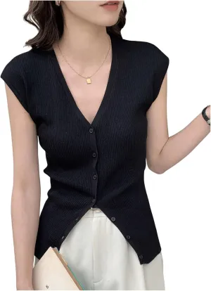 Women's Cardigan Sweater Vest Tops Cap Sleeve V Neck Button Down Tank Tops Knit Fall Outfits 2024