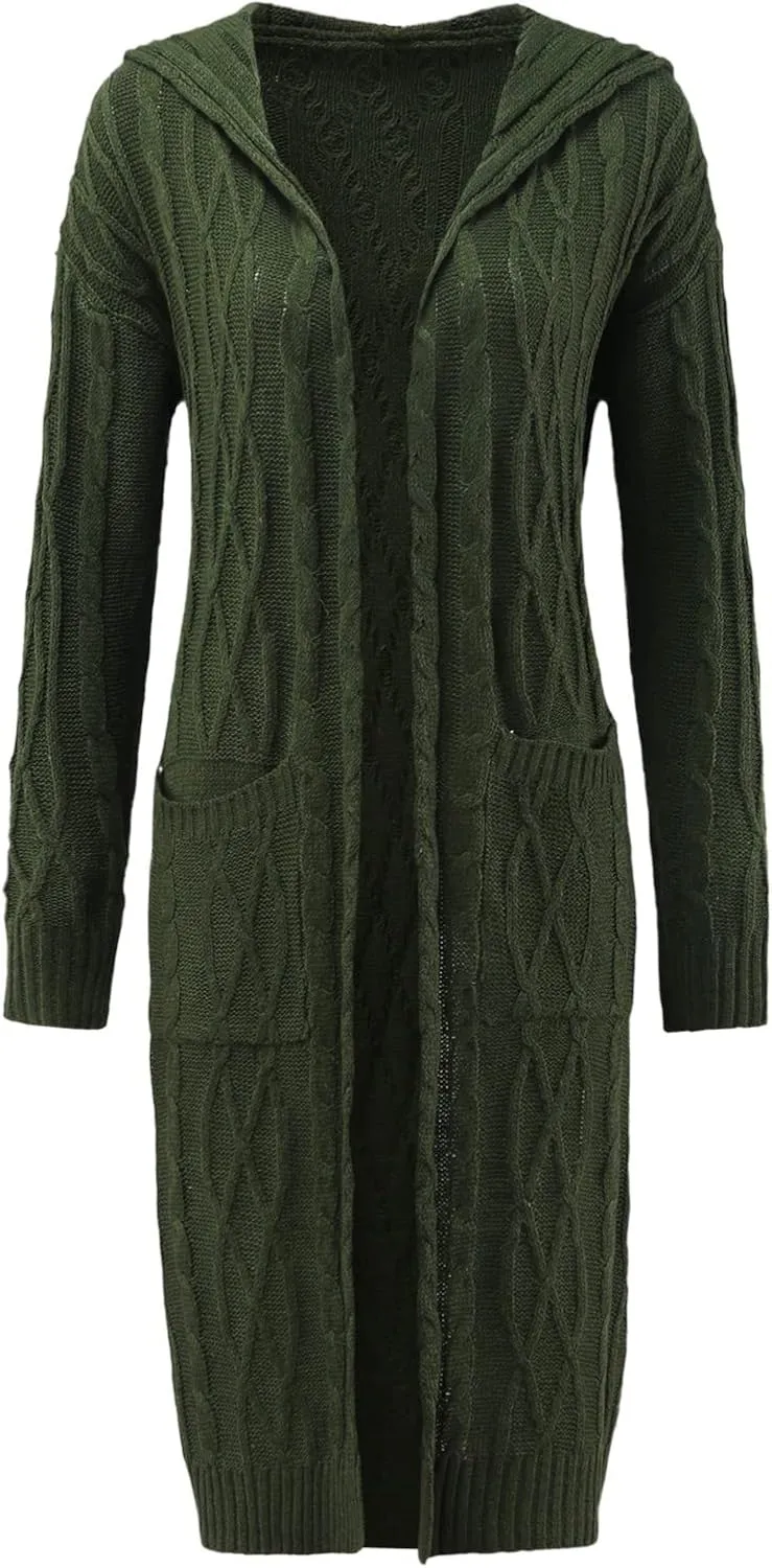 Womens Cardigan Sweaters Hooded Open Front Cardigan Cable Knit Sweaters Solid Color Chunky Long Sweater Coats