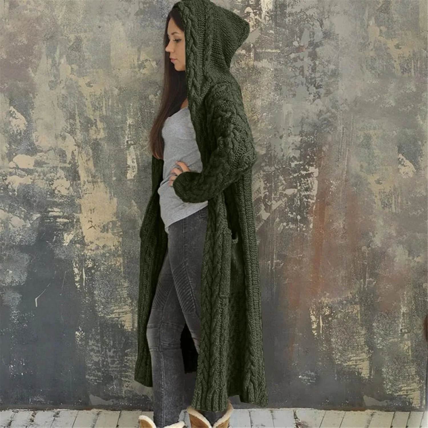 Womens Cardigan Sweaters Hooded Open Front Cardigan Cable Knit Sweaters Solid Color Chunky Long Sweater Coats