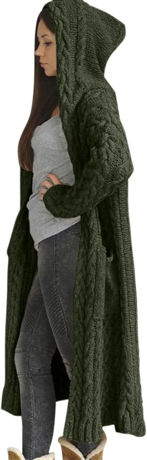 Womens Cardigan Sweaters Hooded Open Front Cardigan Cable Knit Sweaters Solid Color Chunky Long Sweater Coats