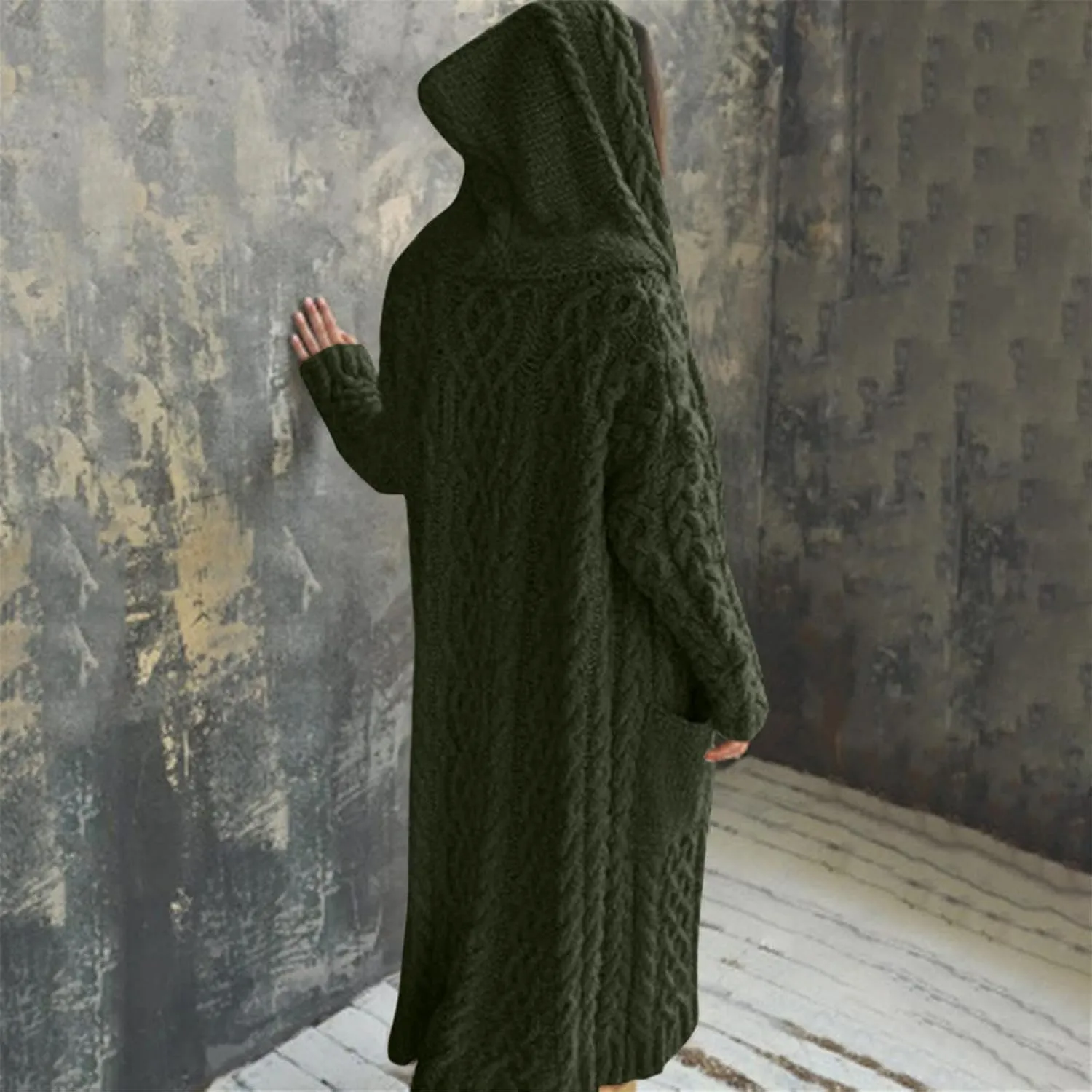 Womens Cardigan Sweaters Hooded Open Front Cardigan Cable Knit Sweaters Solid Color Chunky Long Sweater Coats