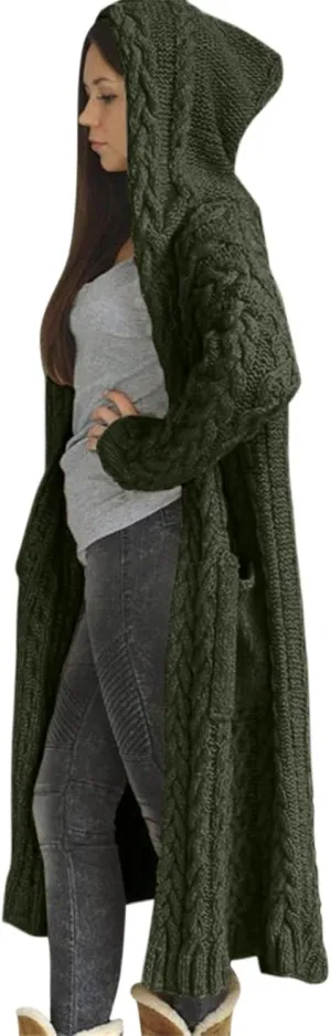 Womens Cardigan Sweaters Hooded Open Front Cardigan Cable Knit Sweaters Solid Color Chunky Long Sweater Coats