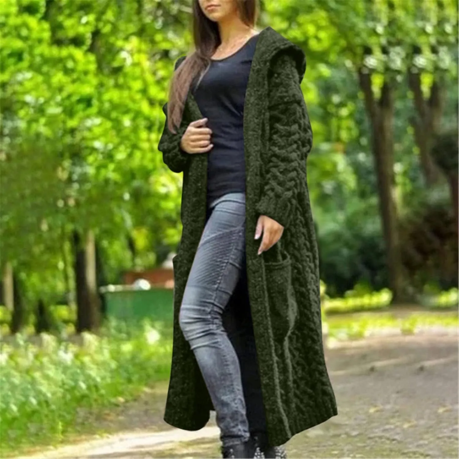 Womens Cardigan Sweaters Hooded Open Front Cardigan Cable Knit Sweaters Solid Color Chunky Long Sweater Coats