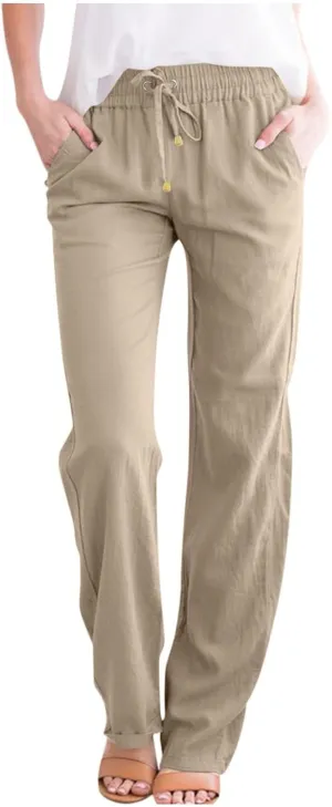 Womens Casual Cotton Linen Pants Drawstring Elastic Waist Wide Leg Trousers Beach Vacation Outfits