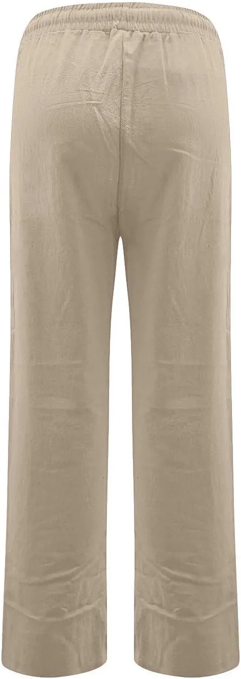 Womens Casual Cotton Linen Pants Drawstring Elastic Waist Wide Leg Trousers Beach Vacation Outfits