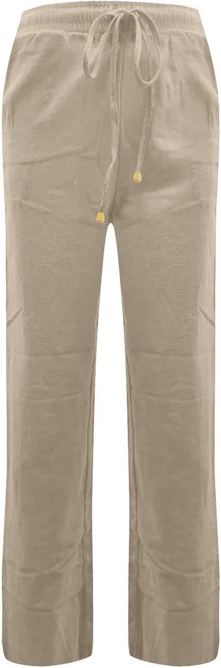 Womens Casual Cotton Linen Pants Drawstring Elastic Waist Wide Leg Trousers Beach Vacation Outfits