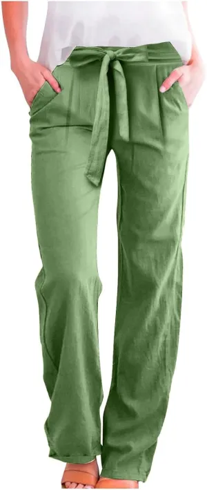 Women's Casual Cotton Linen Pants Elastic Waist Loose Fit Straight Jogger Pants Drawstring Solid Trousers with Pockets