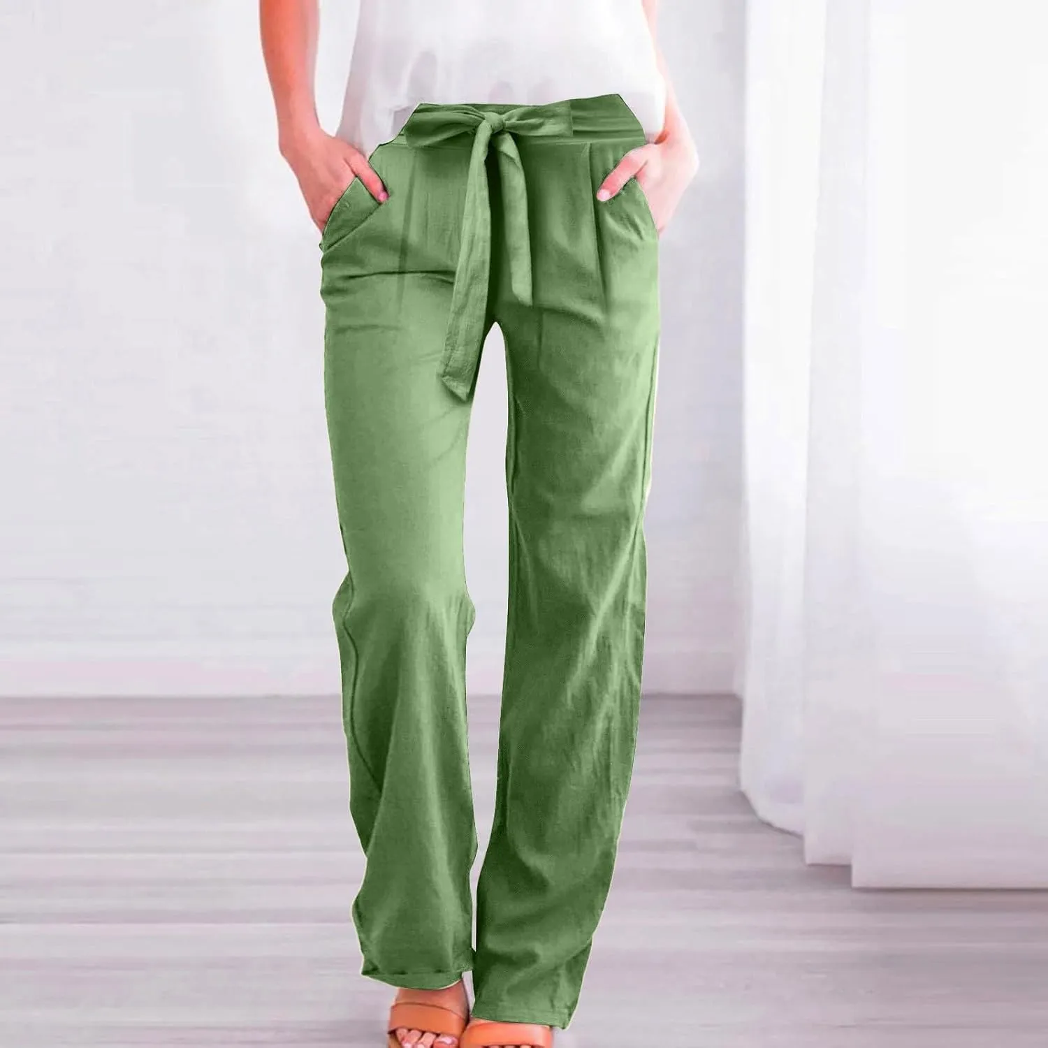 Women's Casual Cotton Linen Pants Elastic Waist Loose Fit Straight Jogger Pants Drawstring Solid Trousers with Pockets