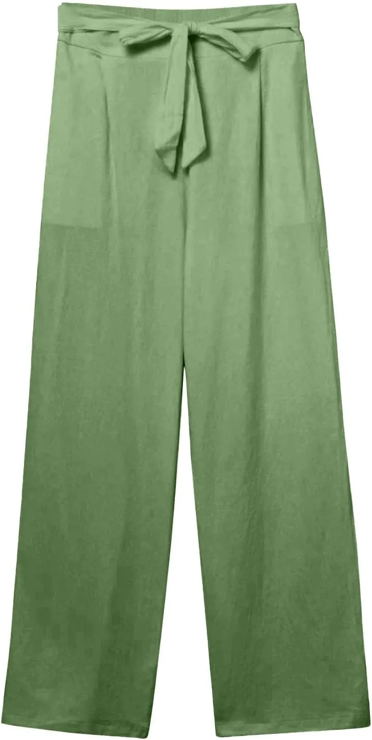 Women's Casual Cotton Linen Pants Elastic Waist Loose Fit Straight Jogger Pants Drawstring Solid Trousers with Pockets