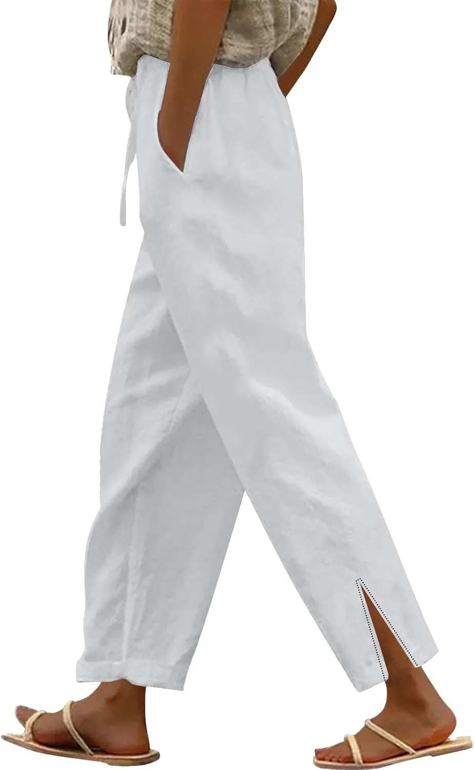 Womens Casual Cotton Linen Pants Lightweight Summer Relax Fit Elastic Waist Plus Size Solid Lounge Long Trousers