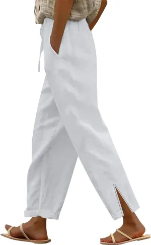 Womens Casual Cotton Linen Pants Lightweight Summer Relax Fit Elastic Waist Plus Size Solid Lounge Long Trousers