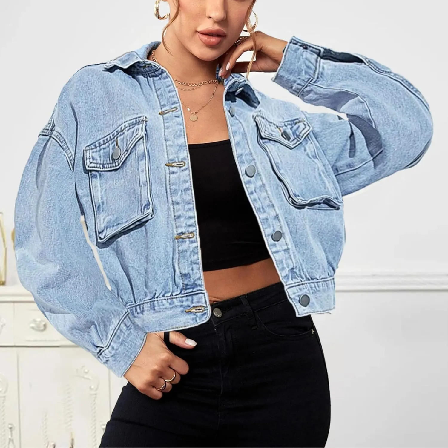 Women's Casual Cropped Denim Jacket Western Basic Lapel Button Up Long Sleeve Trucker Jean Jacket Biker Coat Tops
