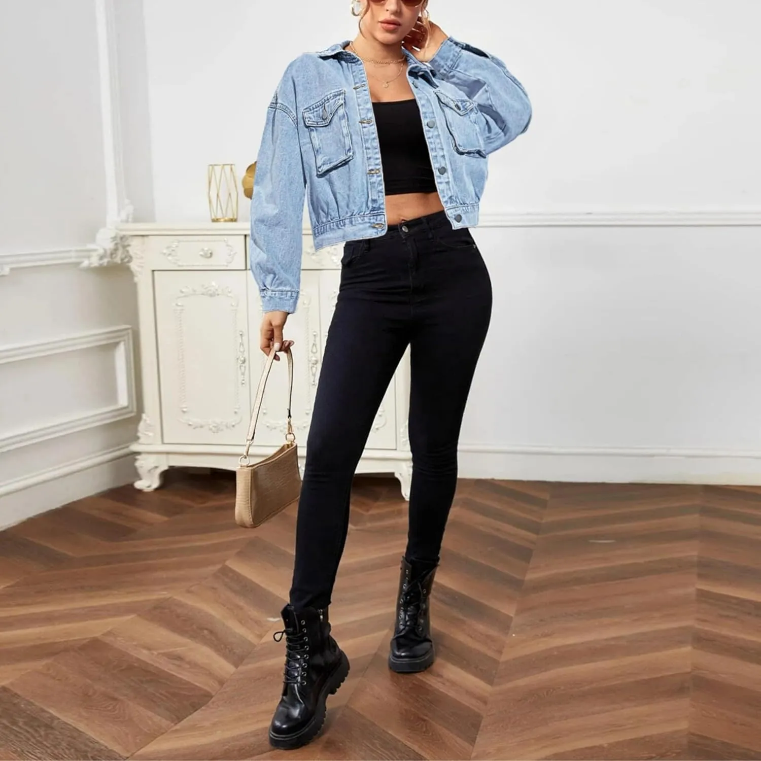 Women's Casual Cropped Denim Jacket Western Basic Lapel Button Up Long Sleeve Trucker Jean Jacket Biker Coat Tops