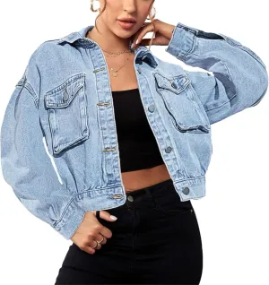 Women's Casual Cropped Denim Jacket Western Basic Lapel Button Up Long Sleeve Trucker Jean Jacket Biker Coat Tops