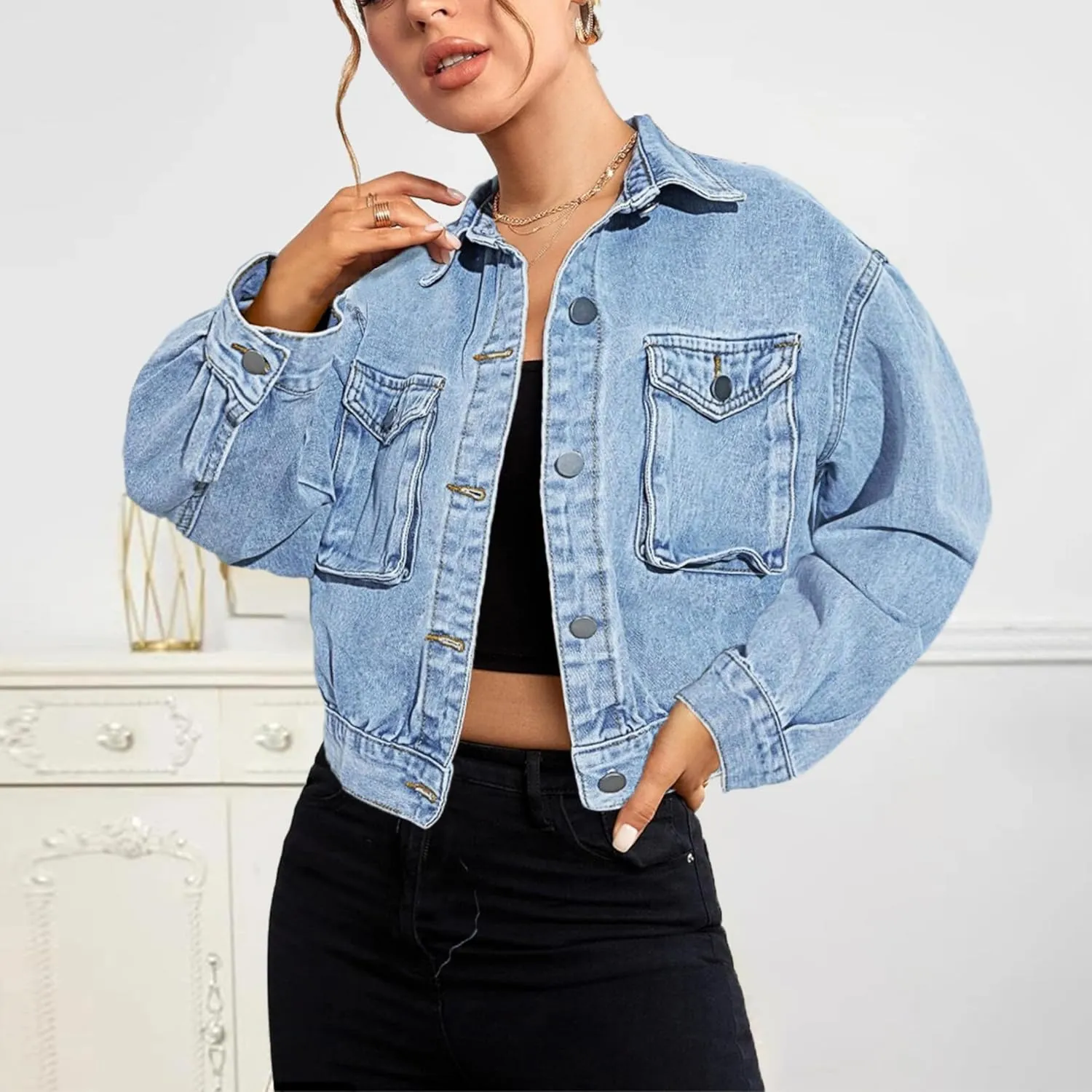 Women's Casual Cropped Denim Jacket Western Basic Lapel Button Up Long Sleeve Trucker Jean Jacket Biker Coat Tops