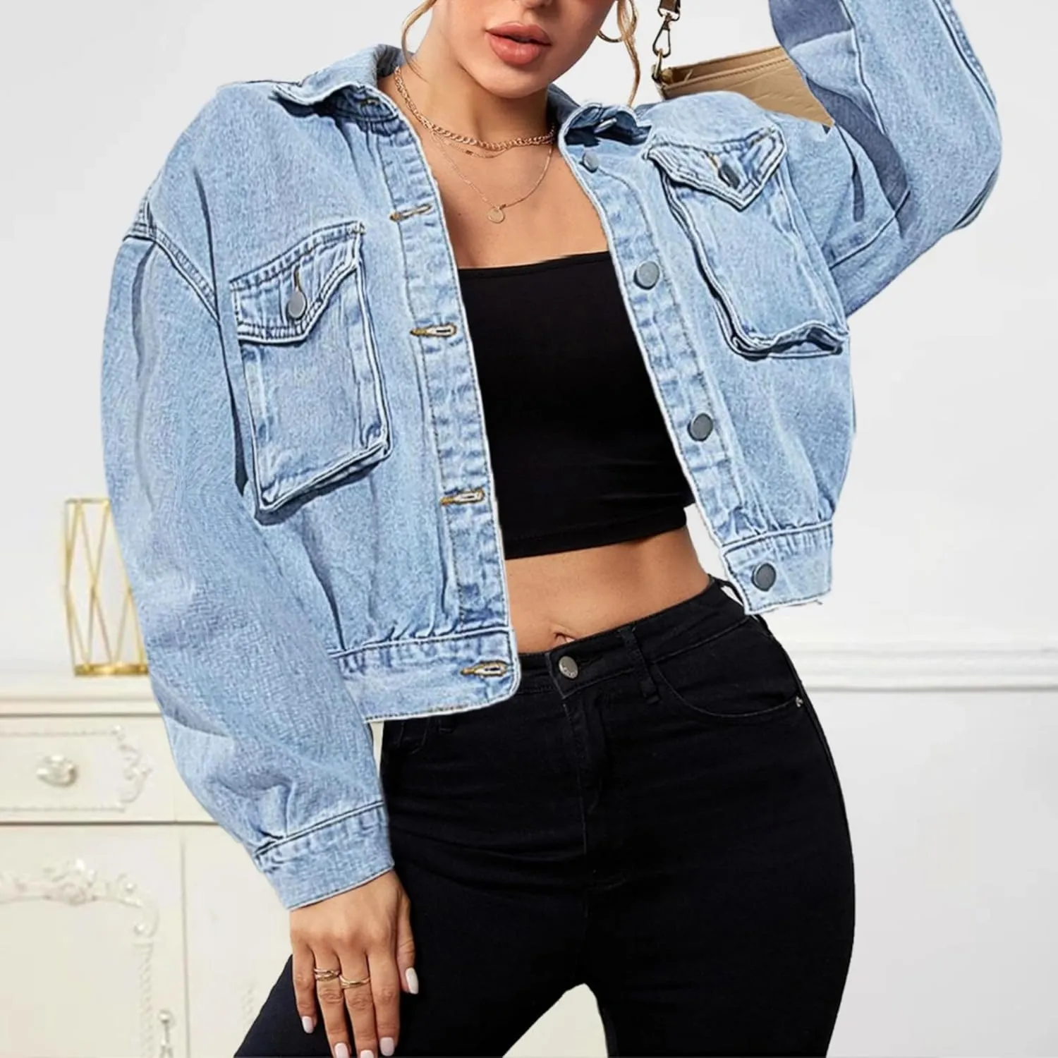 Women's Casual Cropped Denim Jacket Western Basic Lapel Button Up Long Sleeve Trucker Jean Jacket Biker Coat Tops