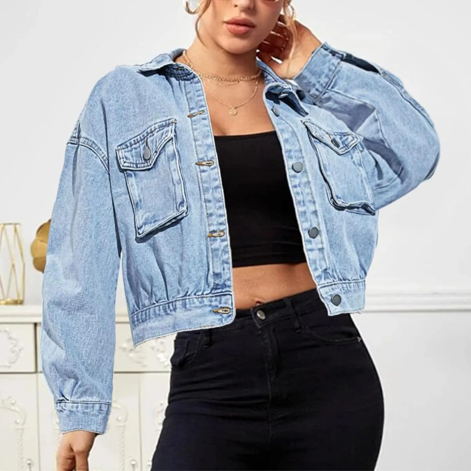 Women's Casual Cropped Denim Jacket Western Basic Lapel Button Up Long Sleeve Trucker Jean Jacket Biker Coat Tops