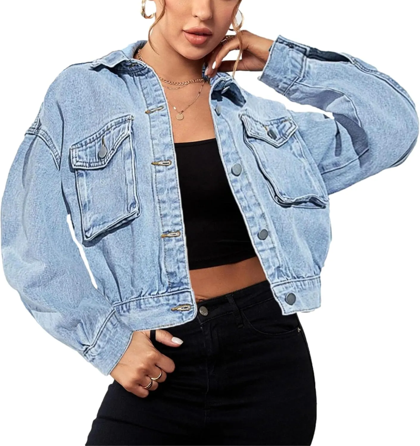 Women's Casual Cropped Denim Jacket Western Basic Lapel Button Up Long Sleeve Trucker Jean Jacket Biker Coat Tops