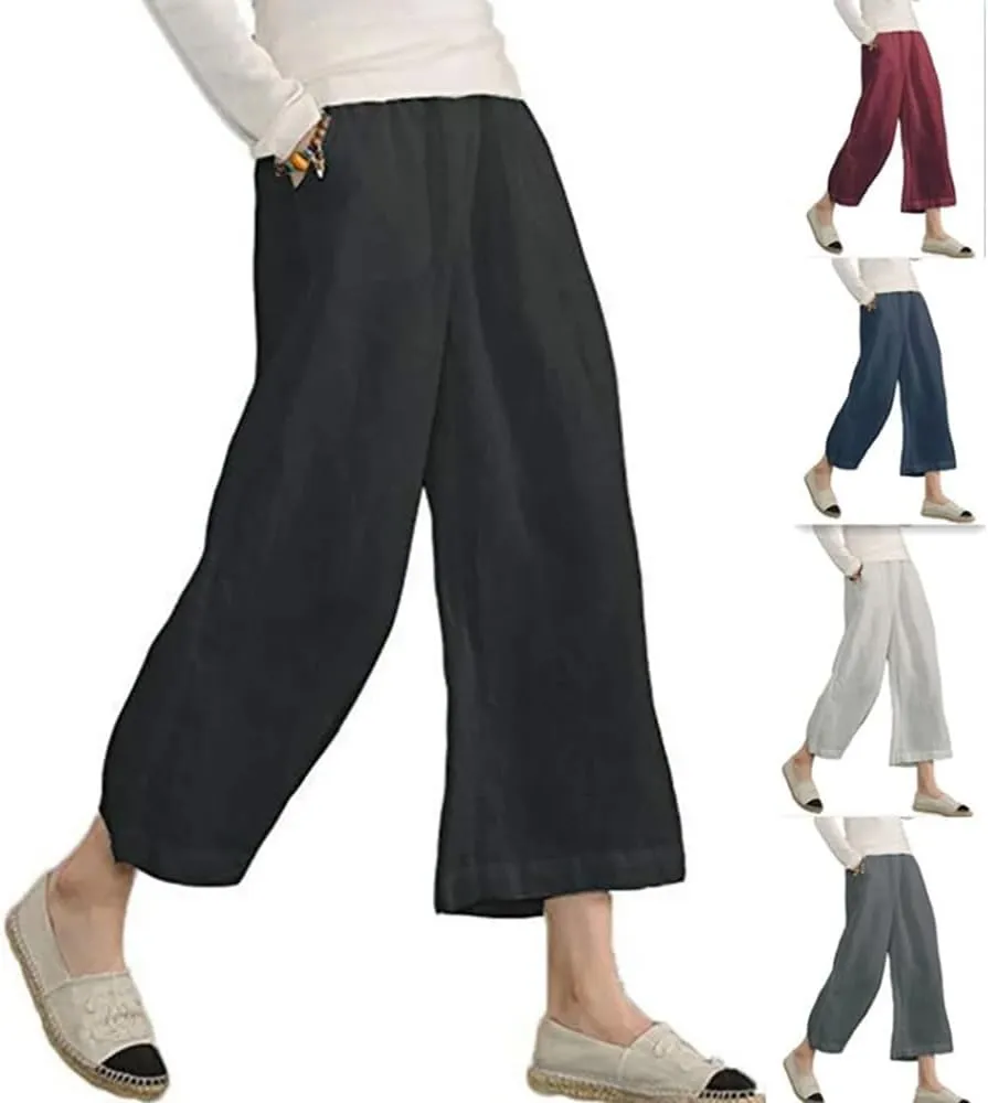 Womens Casual Lightweight Elastic Waist Linen Cotton Trouser Cropped Wide Leg Pants