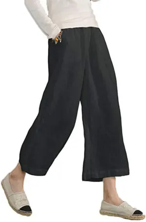 Womens Casual Lightweight Elastic Waist Linen Cotton Trouser Cropped Wide Leg Pants