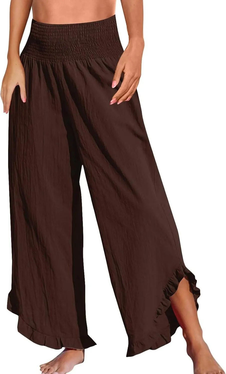 Womens Casual Linen Pants Drawstring Elastic Waist Wide Leg Loose Fit Trousers Beach Vacation Outfits