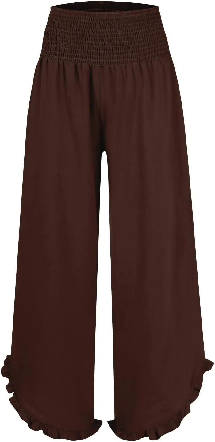 Womens Casual Linen Pants Drawstring Elastic Waist Wide Leg Loose Fit Trousers Beach Vacation Outfits